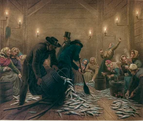 Wewnątrz magazynu śledzi w Bergen (olej na płótnie)