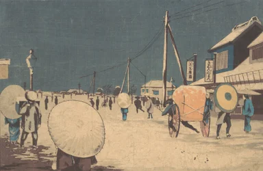 Scena uliczna na obrzeżach Edo w zimowy wieczór, ok. godz. 1878.