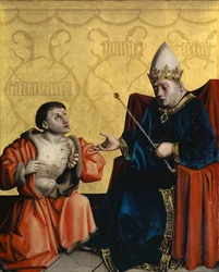 Antypater klęczący przed Juliuszem Cezarem z Ołtarza Hohlspiegel, ok. 1435 (media mieszane na desce dębowej)