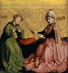 Estera przed Aswerusem z Ołtarza Heilspiegel, ok. 1435 (media mieszane na desce dębowej)