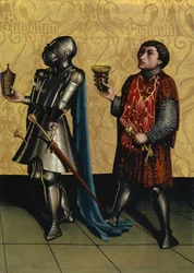 Sybbecai i Benaiah z Ołtarza Heilspiegla, ok. 1435 (technika mieszana na płycie dębowej)