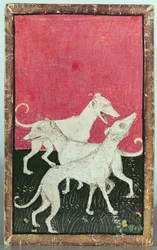 Trzy psy myśliwskie, jeden z zestawu kart do gry przedstawiających sceny dworskiego sokoła, Górna Nadreńska Are, ok. 1440-45 (pióro i atrament, wc) (zob. także 87698, 88300 i 88302-04)