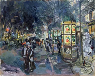 Bulwar paryski nocą (bulwar paryski nocą). Opis animacji w stolicy, z spacerowiczami, kioskami reklamowymi (kolumny Morrisa), drzewami i oświetleniem. Obraz Konstantina Aleksiejewicza Korovina (Constantin Korovin) (1861-1939)