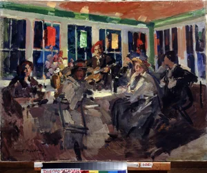 W kawiarni (w kawiarni). Kobiety siedzące przy wykuszu, oświetlone kolorowymi lampionami, w towarzystwie gitarzysty. Obraz Konstantina Aleksiejewicza Korovina (Constantin Korovin) (1861-1939), olej na płótnie