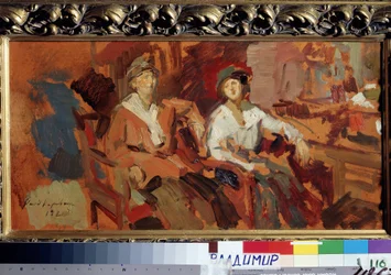 Dwie na wiklinowych krzesłach. (Dwa na wiklinowych krzesłach). Dwie młode kobiety w kapeluszach, siedzące obok siebie. Obraz Konstantina Aleksiejewicza Korovina (Constantin Korovin) (1861-1939), olej na płótnie