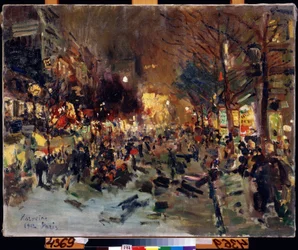 Wielki Bulwar w Paryżu (bulwar w Paryżu). Widok na ruchliwą ulicę wieczorem. Po prawej stronie widać kolumny Morrisa. Obraz Konstantina Aleksiejewicza Korovina (Constantin Korovin) (1861-1939), olej na płótnie