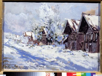 Zima (zima). Widok ulicy wsi z drewnianymi domami, pod śniegiem. Praca Konstantina Aleksiejewicza Korowina (1861-1939), gwasz na tekturze
