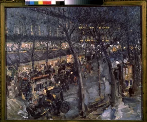 Paryż, Cafe de la paix w 9. dzielnicy. (Paryż, Cafe de la Paix). Widok na taras paryskiej kawiarni, wieczorna rozrywka. Obraz Konstantina Aleksiejewicza Korovina (Constantin Korovin) (1861-1939), olej na płótnie