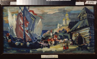 Projekt scenografii do opery Sadko Mikołaja (Nikołaja) Rimskiego Korsakowa (Rimski-Korsakow) (1844-1908) (Scenografia do opery Sadko N. Rimskiego-Korsakowa (Rimski Korsakow). Żaglowiec na nabrzeżu miasta z drewnianymi budynkami.