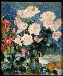 Róże (Róże). Obraz Konstantina Aleksiejewicza Korowina (Konstantyna Korowina) (1861-1939), olej na płótnie, ok. 1930. Martwa natura, sztuka rosyjska XX wieku, postimpresjonizm. Państwowe Muzeum Sztuki, Jarosław (Rosja).