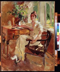Kobieta w fotelu (Kobieta w fotelu). Portret wesołej młodej kobiety, opierając się na swoim biurku, z bukietem kwiatów. Obraz Konstantina Aleksiejewicza Korovina (Constantin Korovin) (1861-1939), olej na płótnie