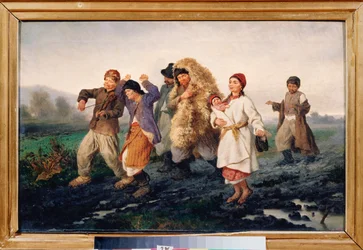 Powrót z jarmarku (Pijana, biedna chłopska rodzina idzie błotnistą drogą, śpiewając i tańcząc) - Powrót z jarmarku - Obraz Konstantina Aleksandrowicza Trutowskiego (Troutowskiego) (1826-1893), olej na płótnie