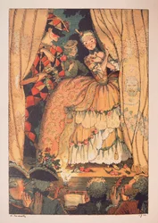 Ilustracja do „Le Livre de la Marquise” Franza Blei (Ilustracja do Księgi markiza autorstwa Franza Blei) (markiza podnosi kurtynę teatralną, z Arlekinem u jej boku) - Praca Konstantina (Constantina) Andreyevicha Somova ( 1869-19