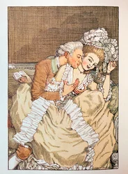 Ilustracja do „Le Livre de la Marquise” Franza Blei (Ilustracja do Księgi markizy Franza Blei) (marka przekomarzająca się z niecierpliwym kochankiem) - Praca Konstantina (Constantina) Andreyevicha Somova (1869-1939), akwaforta