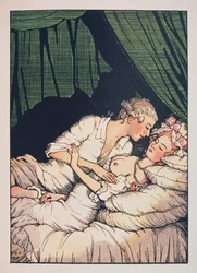 Ilustracja do «Księgi markizy» Franza Bleia (markiza z nagimi piersiami, leżąca w łóżku ze swoim kochankiem) - dzieło Konstantina Andreyevicha Somova (1869-1939), akwaforta