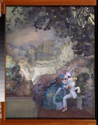 Pierrot i kobieta. (Flirtuje na balu maskowym). Praca Konstantina (Constantina) Andreyevicha Somova (1869-1939), gwasz na papierze