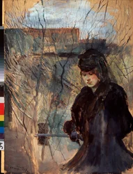 Wiosna. Kobieta ubrana na czarno, o melancholijnym wyrazie i spuszczonym wzroku, oparta o wąską balustradę. Dzieło Konstantina Andriejewicza Somowa (1869-1939)