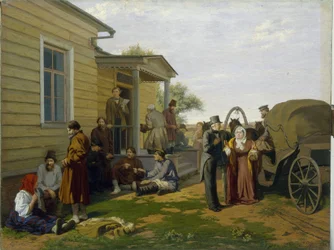 Sędzia pokoju. Budynek sądu na rosyjskiej wsi, chłopi czekają rozmawiając, a prawnicy są zajęci. Obraz Konstantina Apollonowicza Sawickiego (1844-1905), sztuka rosyjska, XIX wiek
