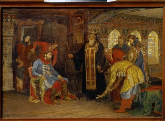 Zaproszenie księcia Dmitrija Pożarskiego (1577-1642) do dowodzenia wojskami wyzwolenia Moskwy. (Zaproszenie księcia Pożarskiego do panowania nad armiami dla wyzwolenia Moskwy). Po otrzymaniu błogosławieństwa Irenarcha z Rostowa książę