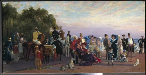 Na krańcu Wyspy Wasiliewskiego, Strelka (Sankt Petersburg) (Na Podziale Wyspy, Strelka). Spotkanie arystokratów w letni wieczór. Obraz Konstantina Apollonowicza Sawitskiego (1844-1905), olej na płótnie, ok. 1870. Sztuka rosyjska XIX wieku, realis
