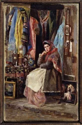 Boutique de curiosites (sklep z ciekawostkami). Peinture de Konstantin Jegorovich Makovsky (Constantin Makovski) (1839-1915), huile sur toile. Art russe 19e siecle. Muzeum Sztuki im. M.Tuganova Północnej Osetii, Władykaukaz (Vladicaucaze) (Rosja).