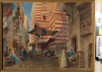 Na ulicach Kairu (Egipt). Grafika Konstantina Jegorowicza Makowskiego (Constantin Makovsky) (1839-1915), grafika na papierze