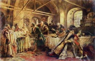 Ceremonia pocałunku - W czasach Domostroju, w Wielkim Księstwie Moskiewskim, bojar wybiera przyszłą żonę; kandydatki mają na sobie sarafany i tradycyjne nakrycia głowy, kokoszniki
