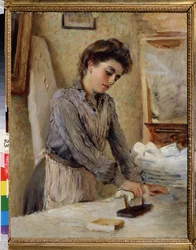 Prasownica - Prasująca kobieta. Obraz Konstantina Jegorowicza Makowskiego (Konstantyna Makowskiego) (1839-1915), olej na płótnie, ok. 1900 r. Sztuka rosyjska na przełomie XIX i XX wieku. Państwowe Muzeum na Wolnym Powietrzu, Kreml Rostowski, Rostów (Rosja)