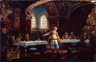 Hrabia Michael Repnin (?) na święto Iwana Groźnego (1530-1584). (Hrabia Michaił Repnin W Iwan Strasznej Uczcie). Stojący pośrodku zastawionych stołów Repnin potępia politykę cara. Obraz Konstantina Jegorowicza Makowskiego (Constantin Mak