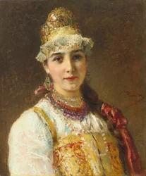 Portret kobiety bojarskiej (boiar, boiar): jest ubrana w sukienkę sarafan i ma na głowie kokoshnik, tradycyjna fryzura - Obraz Konstantina Jegorovicha Makovsky