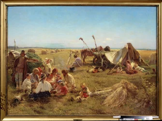 Posiłki chłopów w okresie żniw. (Posiłek chłopski w czasie żniw). Obraz Konstantina Jegorowicza Makowskiego (Constantin Makovsky) (1839-1915), olej na płótnie