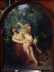 Satyr i nimfa. Naga i pijana para, nimfa na kolanach satyra karmi go kiścią winogron, zerwaną z otaczających ich winorośli. Obraz Konstantina Jegorowicza Makowskiego (Constantin Makovski) (1839-1915)