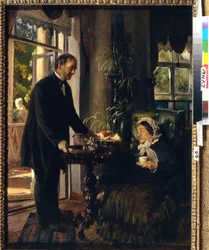 Kasztanowa rezydencja. (Starsza pani bierze herbatę, podawaną przez służącego, który daje jej chleb i dżem). Obraz Konstantina Jegorowicza Makowskiego (Constantin Makovsky) (1839-1915), olej na płótnie