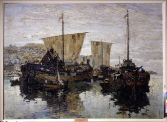 ""Łodzie. „Nowogród Wielki” Obraz Konstantina (Constantina) Gorbatowa (1876-1945) 1912 Regionalna Galeria Sztuki, Wołgograd