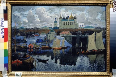 Most w Nowogrodzie (Rosja) (Nowogród, molo). Malarstwo Konstantina (Constantina) Iwanowicza Gorbatowa (1876-1945), olej na płótnie
