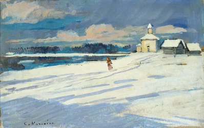 Pejzaż zimowy z małym kościołem, początek XX wieku