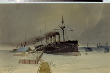 Krążownik pancerny Rossia - Dzieło Konstantina Wasiljewicza Isenberga (1859-1911), akwarela na tekturze