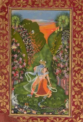 Radha i Krishna spacerują po kwitnącym zagajniku, Krishna Fluting verso, c1720 r, c1750-75 v