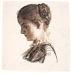 Siostra artysty Elisabeth. Profil t.v. warkocze fryzura