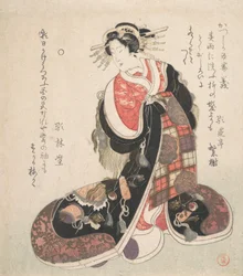 Kurtyzana ubrana w kunsztowną suknię wyszywaną emblematami szczęścia, ca. 1800.
