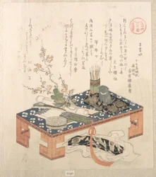 „Biurko z zestawem do pisania i kwiatami śliwy”, z serii Kalendarze Ise dla grupy Asakusa (Asakusa-gawa Ise goyomi). Ze zbioru Wiosenny deszcz (Harusame shū), t. 2