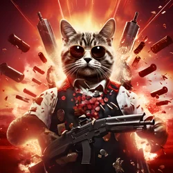 Plakat filmowy przedstawiający kota ubranego w czarno-białą koszulę w kropki i błyszczące okulary przeciwsłoneczne z eksplozjami i armatami w tle 1