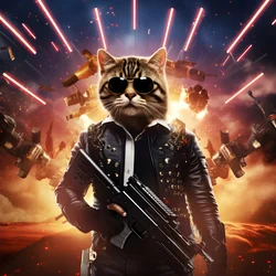 Plakat filmowy przedstawiający kota ubranego w czarno-białą koszulę w kropki i błyszczące okulary przeciwsłoneczne, w tle eksplozje i armaty 2