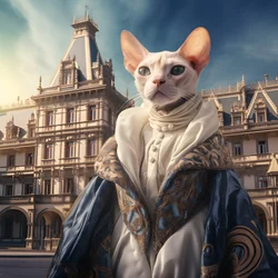Kot Sfinks w sukni balowej na tle wspaniałego pałacu w stylu średniowiecznym 4