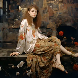 Nastolatka w kwiecistej sukience i wysokich butach skate, siedząca w ruinie, przez którą przepływa rzeka 4