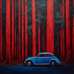 niebieski samochód w czerwonym lesie 2