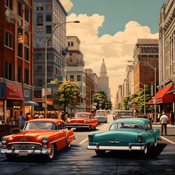 miasto lat 50-tych z czerwonymi samochodami 2