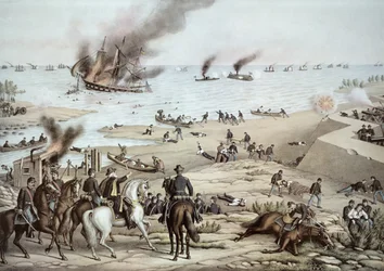 USS „Monitor” walczący z CSS „Merrimack” w bitwie pod Hampton Broads podczas wojny secesyjnej, 9 marca 1862 (kolor lito)