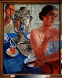 Wokół samowara. (Scena z życia codziennego, para pije herbatę). Obraz Kuzmy Sergeyevich Petrov Vodkin (Petrov-Vodkin) (Kouzma Petrov Vodkin) (Petrov-Vodkin) (1878-1939), olej na płótnie