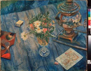 Martwa natura z samowarem. Obraz Kuzmy Sergeevich Petrov Vodkin (Petrov-Vodkin) (Kouzma Petrov Vodkin) (Petrov-Vodkin) (1878-1939), olej na płótnie